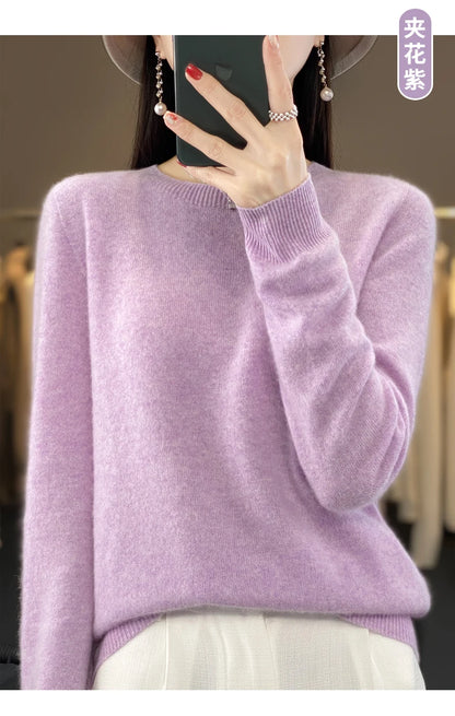 100% Merino Wool Sweater Women O-neck Cashmere Knitwear Female Pullover Autumn Winter Casual Tops Solid Color Soft  Clothing