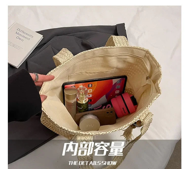 Summer Fashion Women's Large Capacity Shoulder Bag Straw Woven Bag Letter Embroidery Handbag Casual Female Tote Bag Beach Bags.