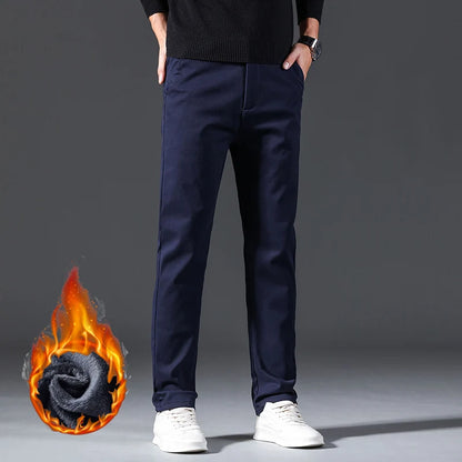 Winter Casual Men Classic Style Business Warm Plush Trousers Regular Thick Fur Pants Male Fleece Elastic Straight Formal Pants.