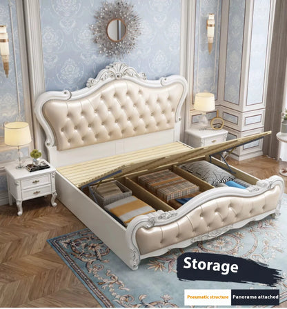 Europäisches Luxus-Doppelbett, modernes weißes King-Size-Doppelbett mit ästhetischem Rahmen, hochwertiges, schlafendes, beleuchtetes Deux-Tischmöbel für Schlafzimmer