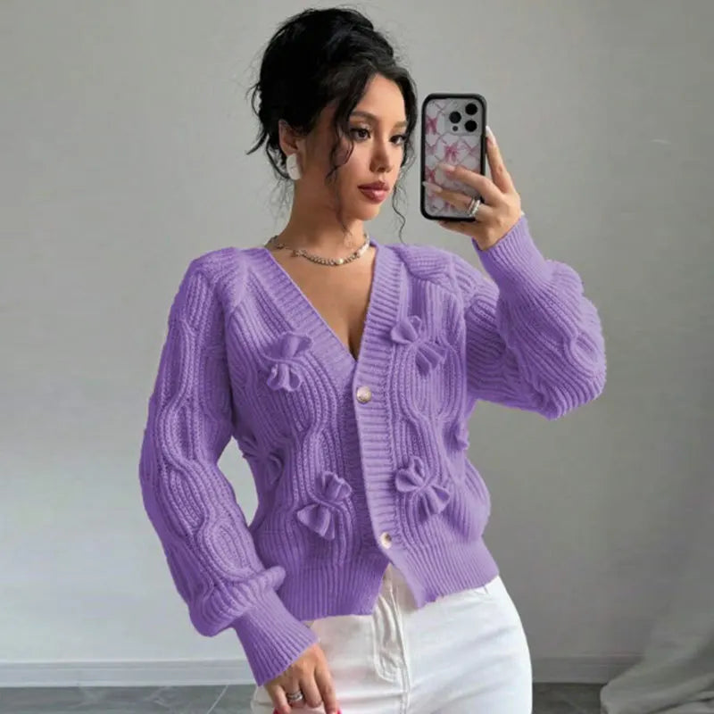 2025 Autumn And Winter Solid Color Long-sleeved Bow Knit Cardigan Jacket New Women's Elegant V-neck Button Versatile Sweater Top