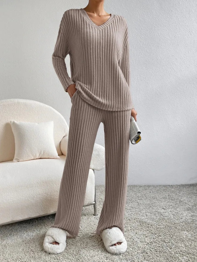 Autumn Winter Ribbed Knit Two Piece Set Womens V Neck Long Sleeve Top Wide Leg Pants Loungewear Casual Solid Color Outfit