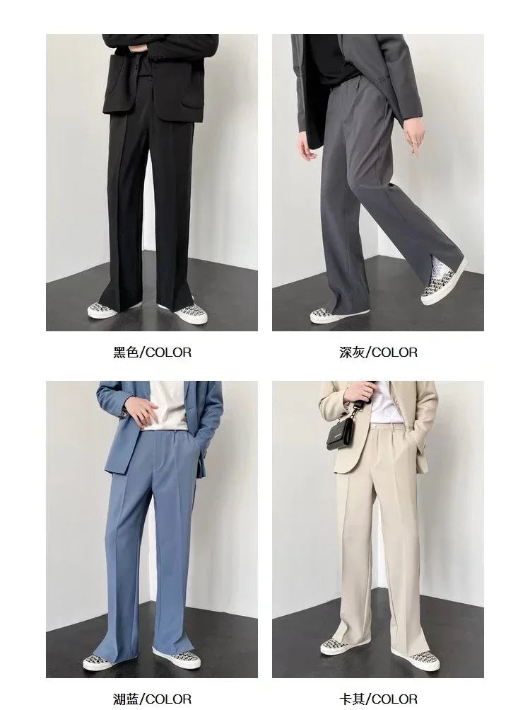 Men's Straight Baggy Casual Pants Korean Slit Personality Suit Trousers Fashion Formal Business Male Streetwear Gray Khaki Black.