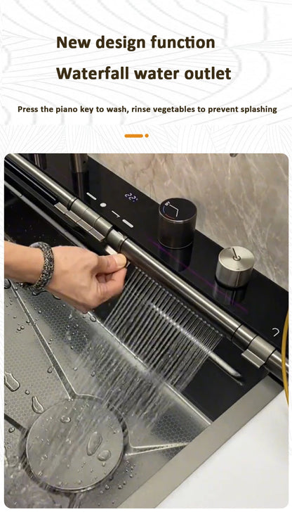 Blue Whale Arowana Multifunctional Kitchen Sink Single Bowl Nano Black Honeycomb LED Digital Display Stainless Steel for Home