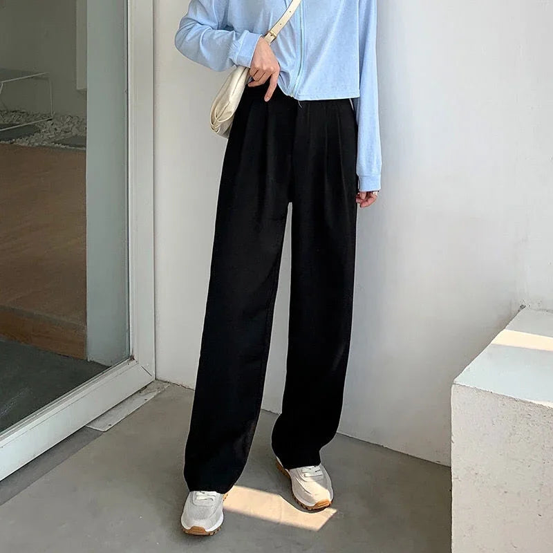 Hohe Taille Frauen Anzug Hosen fallen gerade Büro Damen koreanische Mode Hosen lässig Knopf lose weibliche schwarze Hosen neue 2024