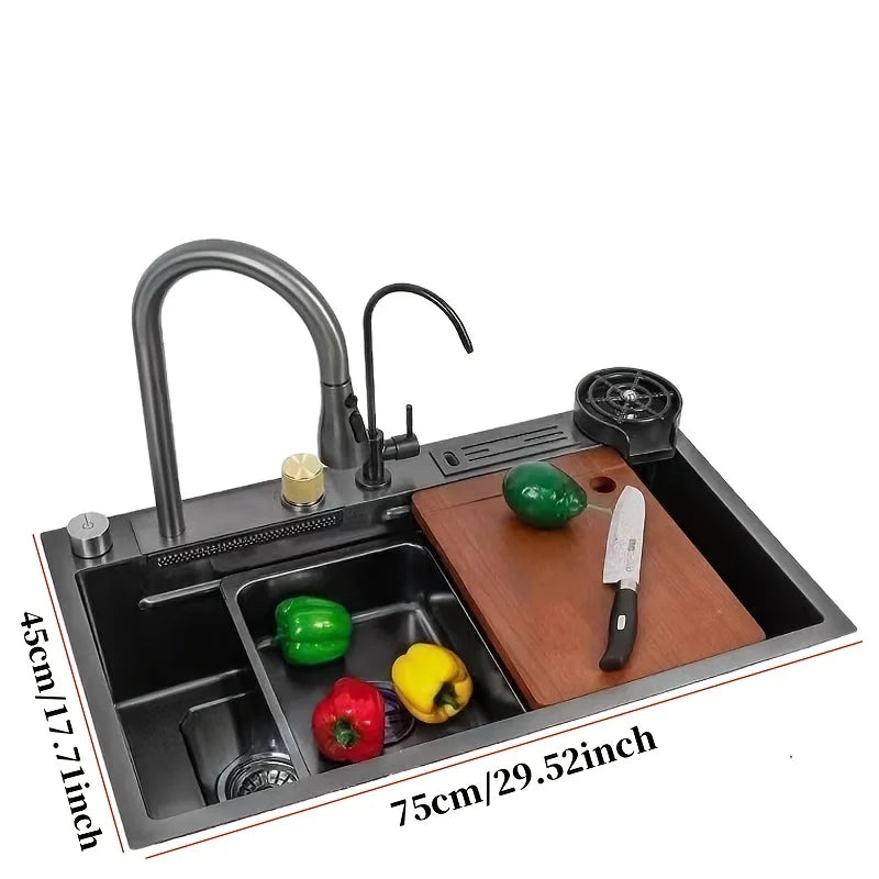 Modern Double Bowl Workstation Sink – Stainless Steel Undermount with Fast Drainage, Waterfall Rinse & Tool Holder