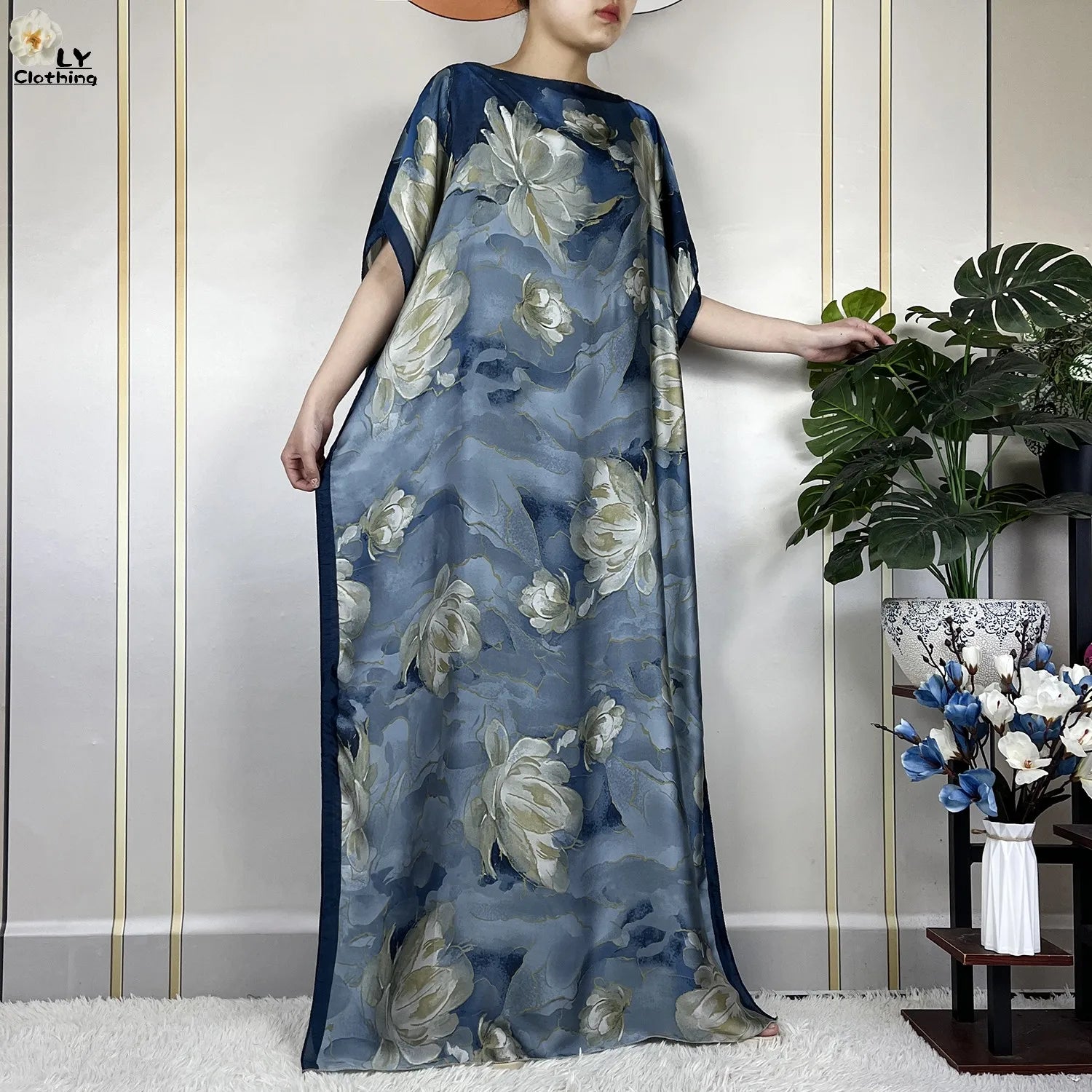 2024 New Dubai Summer Fashion For Women Printed Silk Soft Loose Femme Robe African Islam Maxi Woman Casual Dresses With Turban.
