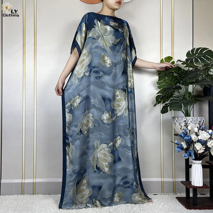 2024 New Dubai Summer Fashion For Women Printed Silk Soft Loose Femme Robe African Islam Maxi Woman Casual Dresses With Turban.