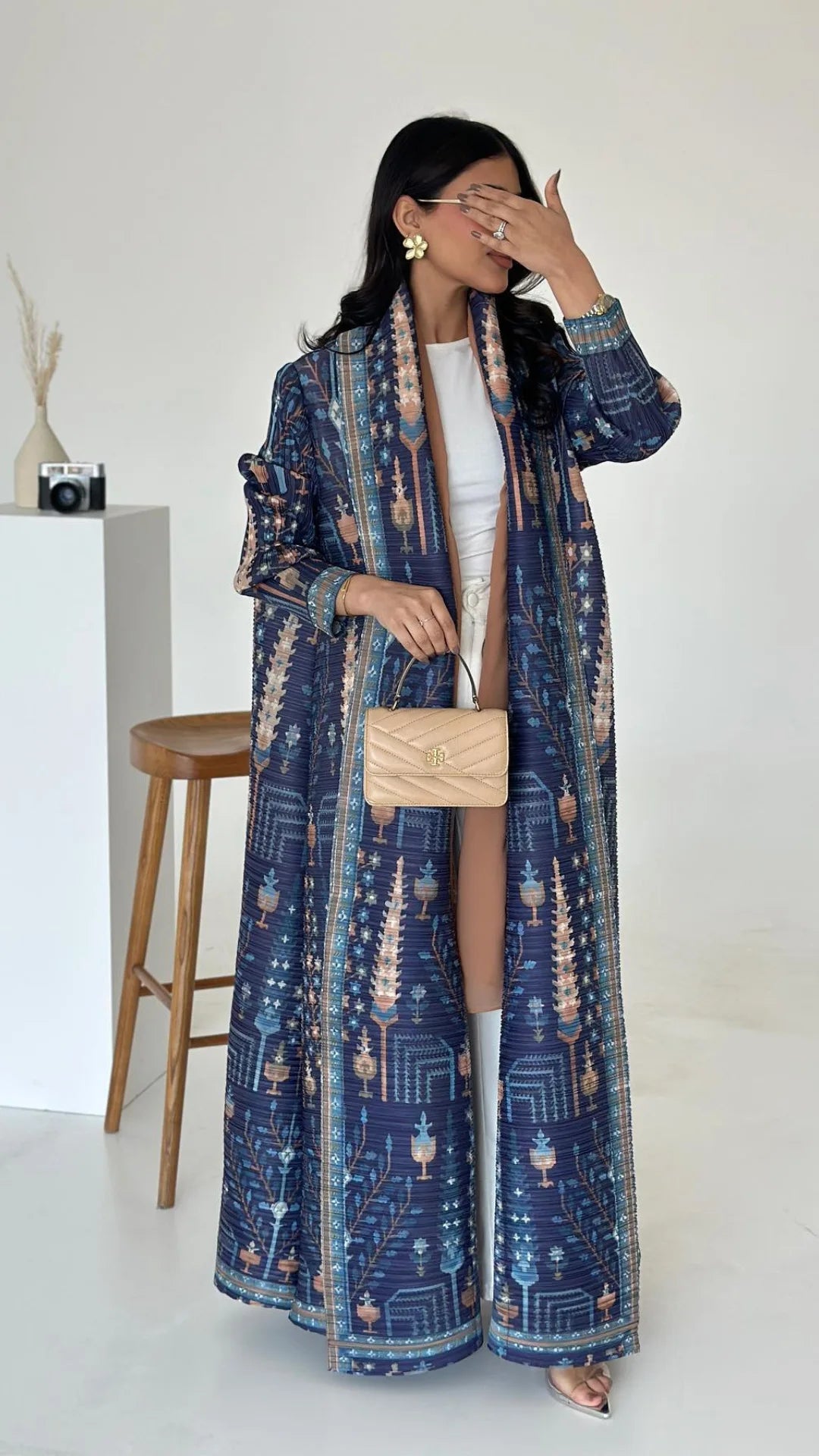 Abaya Miyake Pleated Printed Robe Jacket Arabian Dubai Style Women's Long Sleeve Conservative Demure Muslim Trench Coat 55inches.