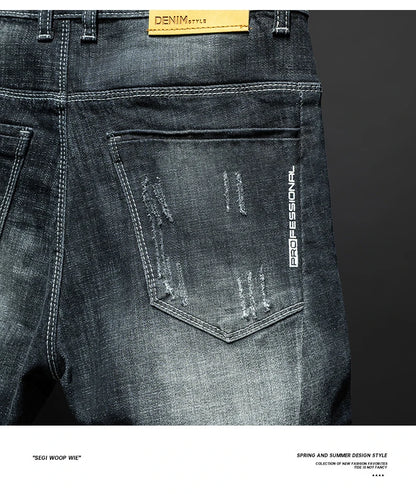 Fashion Ripped Men's Slim Straight Stretch Jeans Korean Personality Streetwear Denim Pants Classic Black Hip Hop Male Trousers.