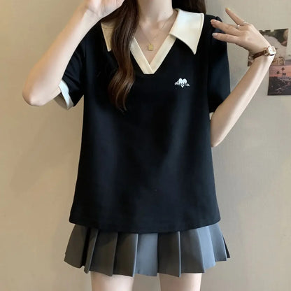 Plus Size Women's Casual Polo Neck Short Sleeve T-Shirt Slimming Belly Cover Summer Age Defying Shoulder Level Top.