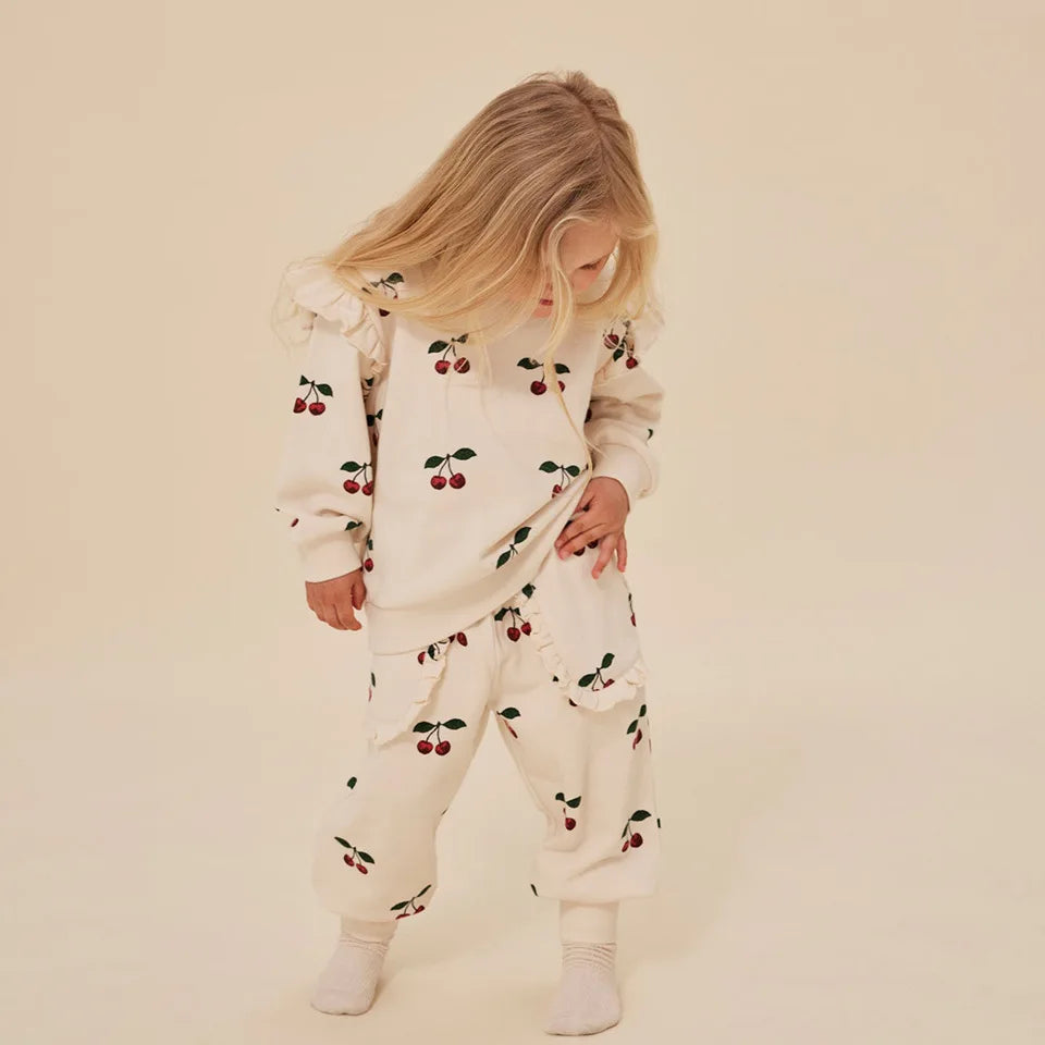Konges Slojd AW Baby Girls Sweatshirts + Pants 2 Pcs Sets Lambswool Cherry Jackets Kids Clothes Girls Print Dresses Coats 1-9Yrs.