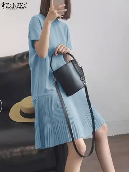 Zanzea lässig solide plissierte Kleid Frauen Sommer Kurzarm knielange Robe 2024 koreanische lose einfache Patchwork Vestido Overs ize