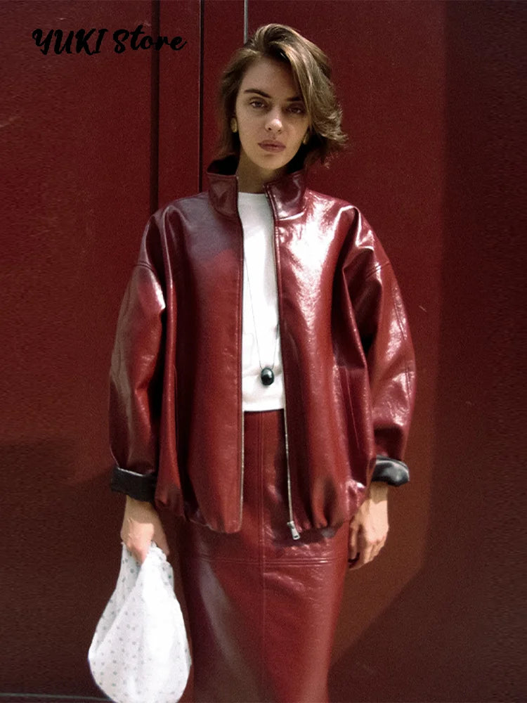 Chic Stand Collar Leather Long Skirt Sets Women Long Sleeve Jackets Spliced Solid Skirts 2025 Autumn Lady Y2k Outfits dress.