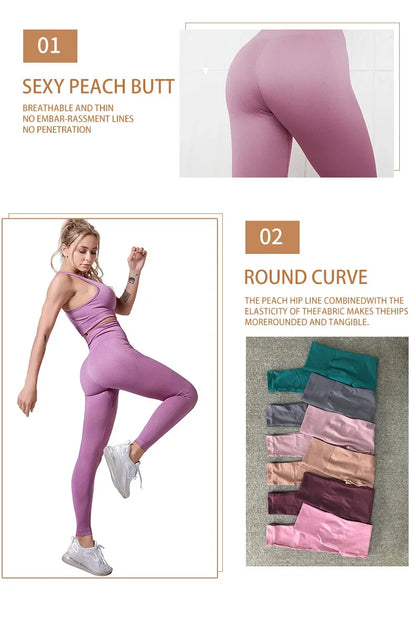 High Waist Nylon Seamless Knitted Yoga Wear Fitness Sportswear Quick Dry Breathable Butt Lifting Slimming Exercise Set.