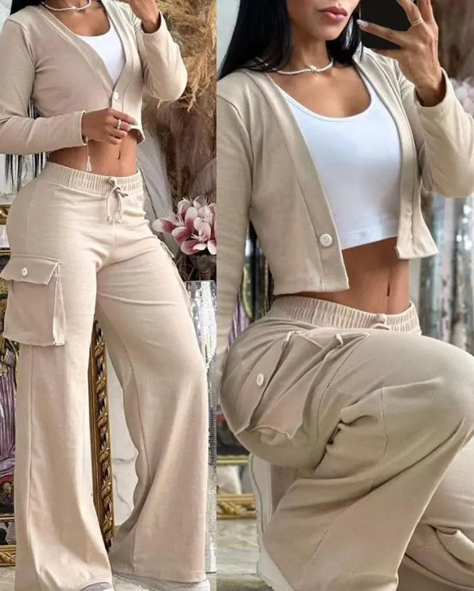 Women's Spring Summer New Fashionable Solid Color Printed Sexy Waist Short Top Casual Pants Set For Women.