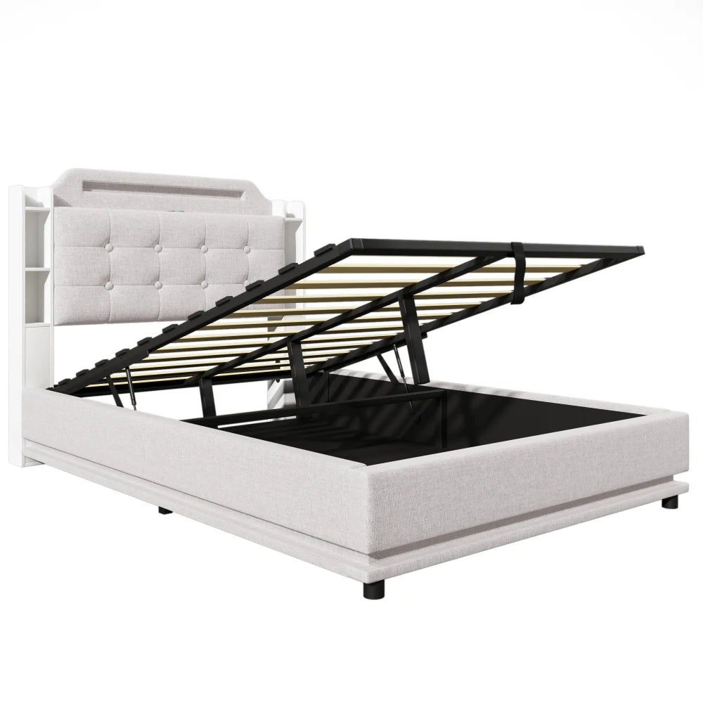 140*200cm Polsterbett mit LED-Lichtleiste und mehreren Ablagefächern, für Schlafzimmerwäsche, Beige (ohne Matratze)