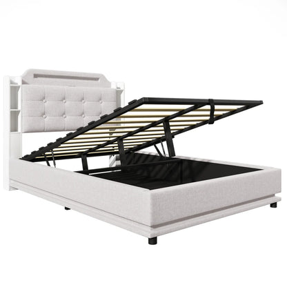 140*200cm Polsterbett mit LED-Lichtleiste und mehreren Ablagefächern, für Schlafzimmerwäsche, Beige (ohne Matratze)