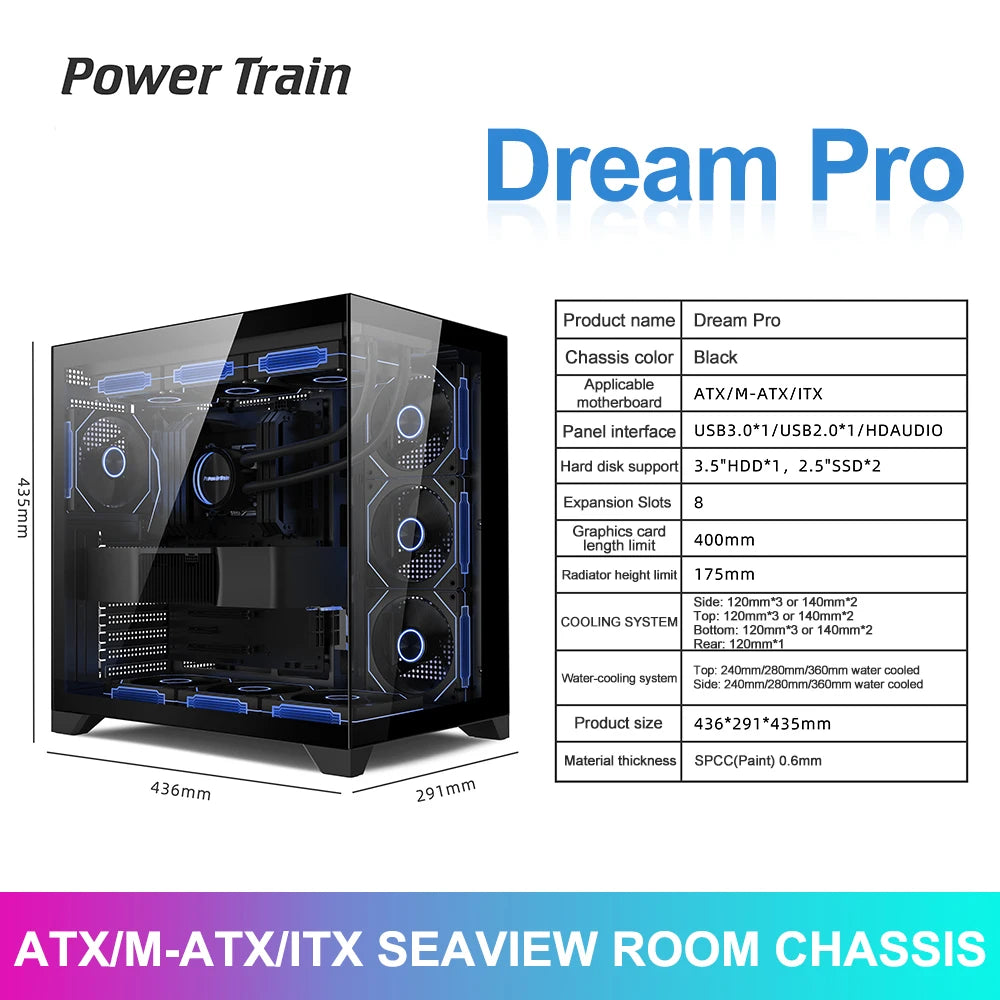 Power Train Dream PRO Seaview Room Chassis ATX Desktop MATX Glass Side Transparent 360 Water Cooled Game Console Computer Case.