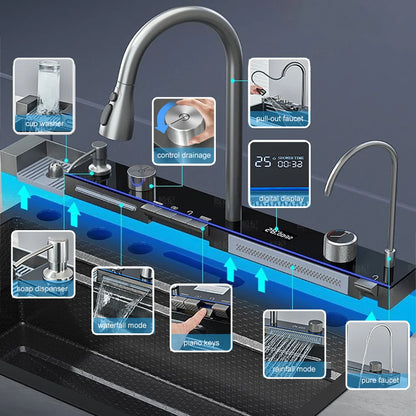 Multifunktionales Wasserfall-Spülbecken für die Küche, Digitalanzeige, großes einzelnes graues Spülbecken, Spülbecken, Spüle aus Edelstahl 304