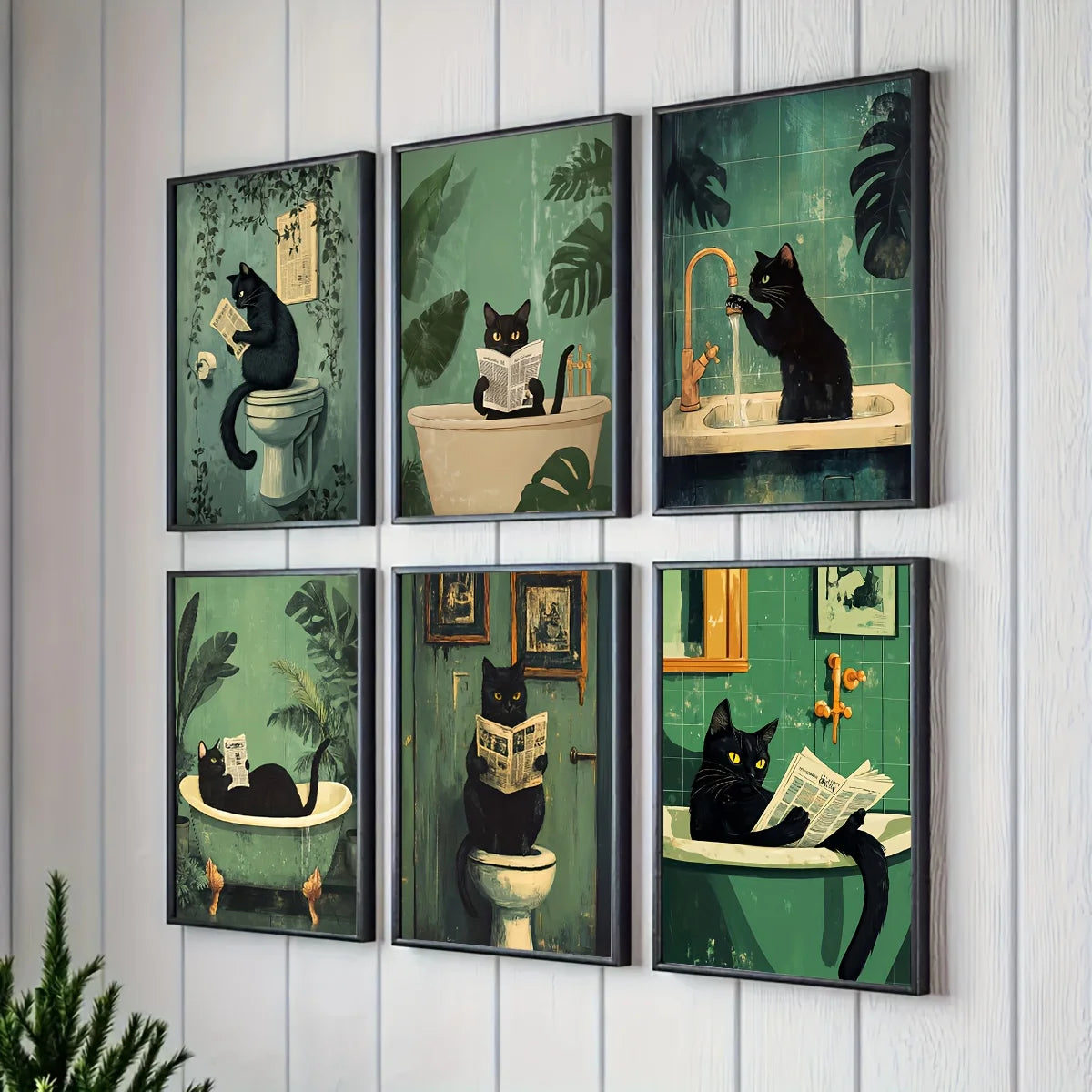 Set of 6 Unframed Cat Bathroom Canvas Prints - Whimsical & Funny Black Cat Wall Art Posters for Home Decor, Perfect for Livin.