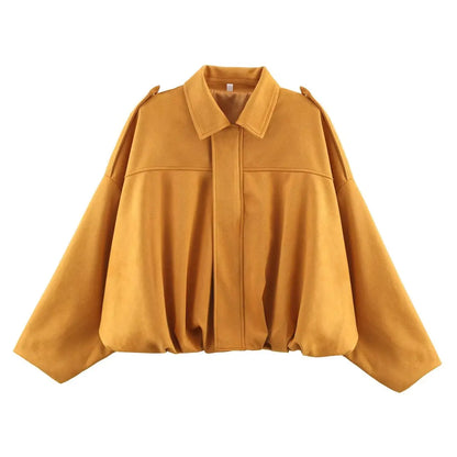 TRAFZA Damen-Jacke mit Wildleder-Textur, High Street, lange Ärmel, Umlegekragen, elastischer Reißverschluss, Knopfleiste, solider, trendiger Frühlingsmantel