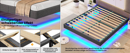140 x 200 Lattenrost aus Holz mit LED-Beleuchtung, Plüsch, 140 x 200 cm, gepolstertes Bett, graues Leinen-Kopfteil, Schlafzimmermöbel