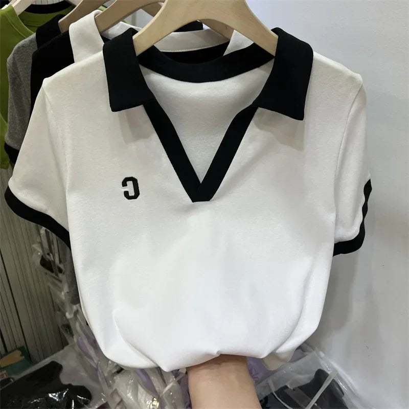 Summer Hot Sale Of The Season Women's Grey Short Sleeve Polo Neck T-Shirt Pure Cotton Slim Fit Base Shirt Trendy Top Quality Chi.