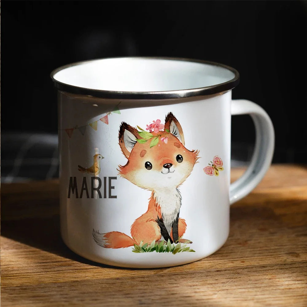 personalized name forest animals fox girl Gift Enamel Mug daughter Birthday Gift Milk Cup Modern printed enamel mug.