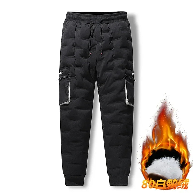 Men's Winter Pants Duck Down Padded Pants Thick Warm Black Loose Jogger Windproof High Waist Elastic Thermal Down Trouser Male.
