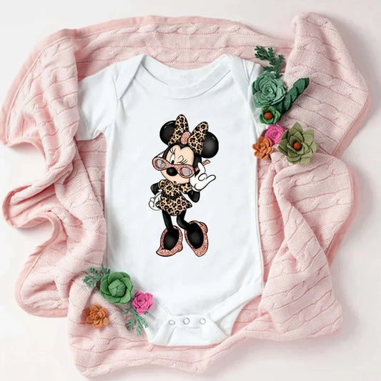 Niedliche Leopard Minnie Maus Disney Newbron Bodys Baby Kleidung Sommer Kurzarm Baumwolle Minnie Kawaii Stram pler Overall