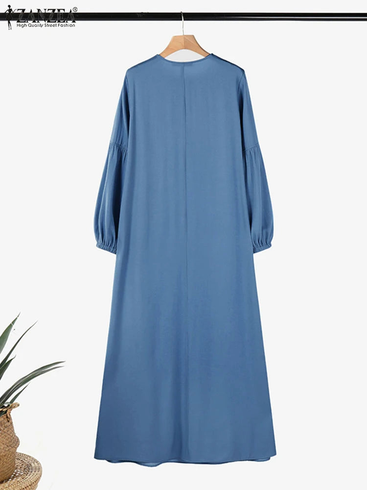 ZANZEA Muslim Women's Maxi Dress Islamic Hijab O Neck Half-Button Denim Blue Abaya Holiday Lantern Sleeve Loose Casual Vestidos.