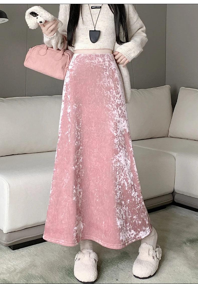 Plush Velvet Midi Skirt - 2025 New High-Waisted A-Line Mermaid Hem Skirt, Fleece-lined, Autumn Winter Thick Velvet Skirt.