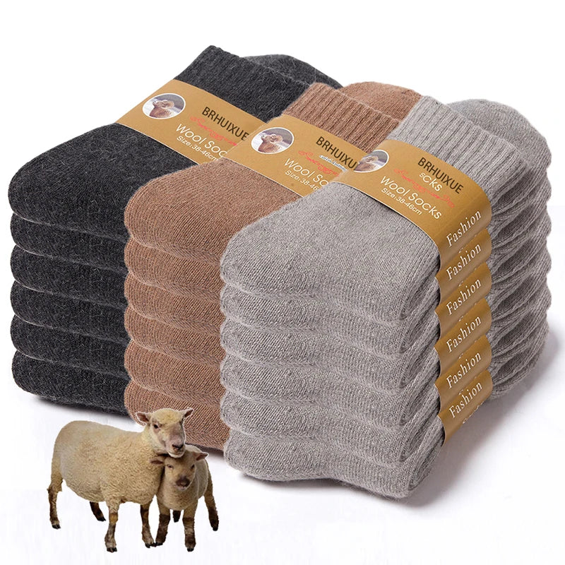 6 Pairs Winter Wool Socks Male Men's Socks Super Thicker Solid Socks Merino Plush Women's Socks Against Cold Snow Terry Socks.