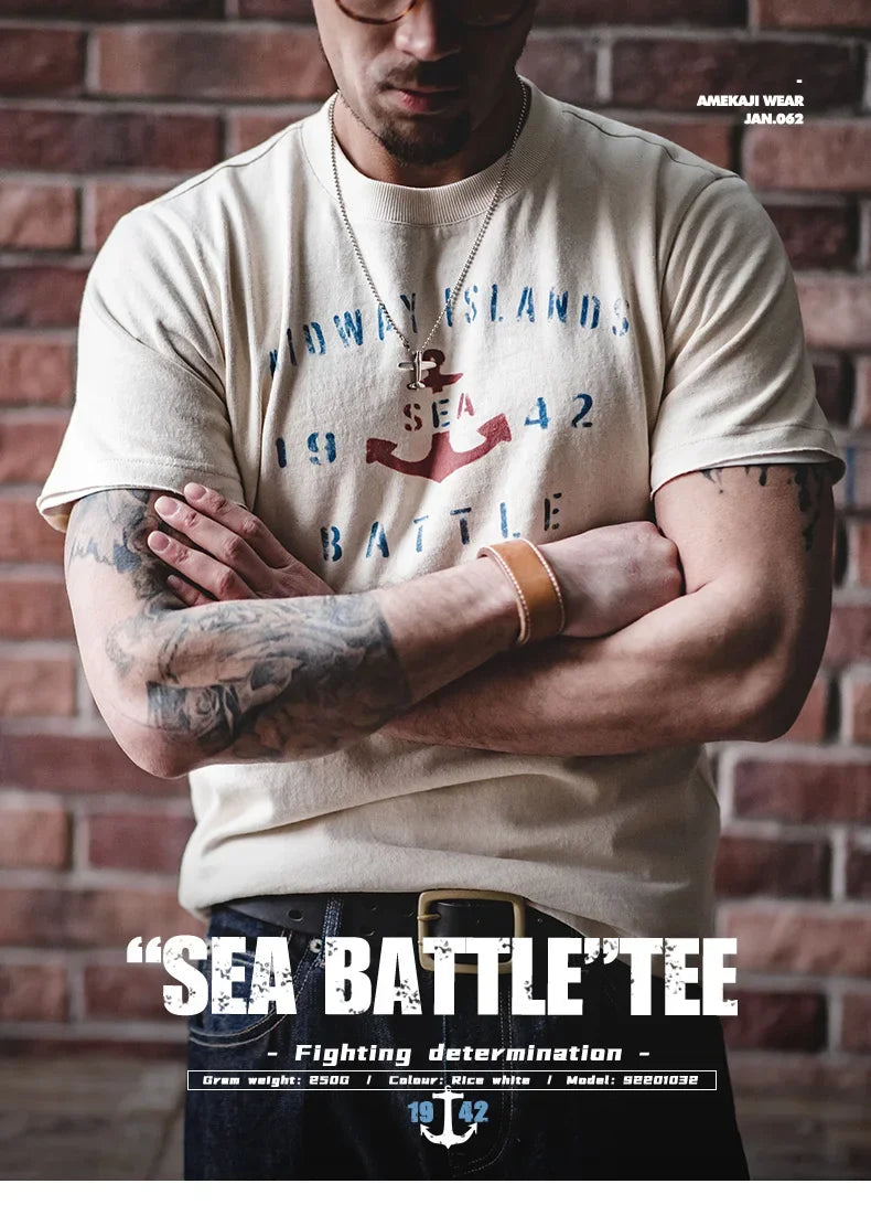 Maden Vintage Letter Print Cotton Short Sleeve T-Shirt Men's Summer Loose Fit Ribbed Crew Neck Tee Casual Street Tops for Daily.