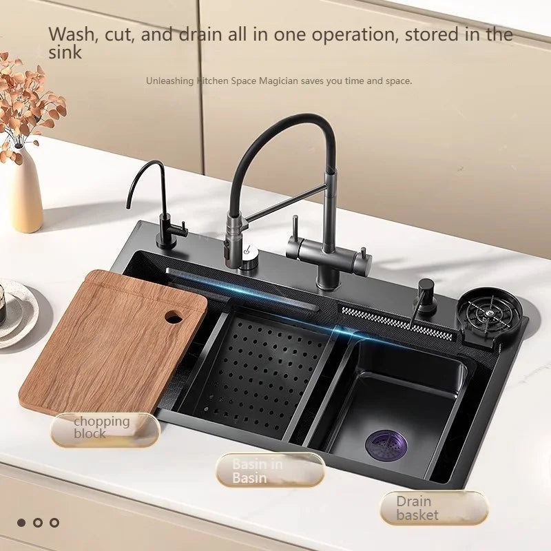 Stainless Steel Kitchen Sink With Waterfall Nano Embossed Large Single Slot Vegetable and Dishwashing Sinks Udermount Basin