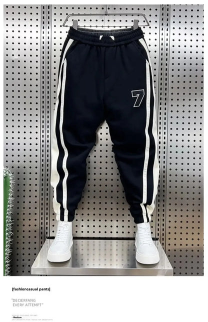 Fashionable Striped Color Blocking Sweatpants 2024 Autumn/Winter Men's New Casual Ankle Pants Patchwork Warm Harem Trousers.