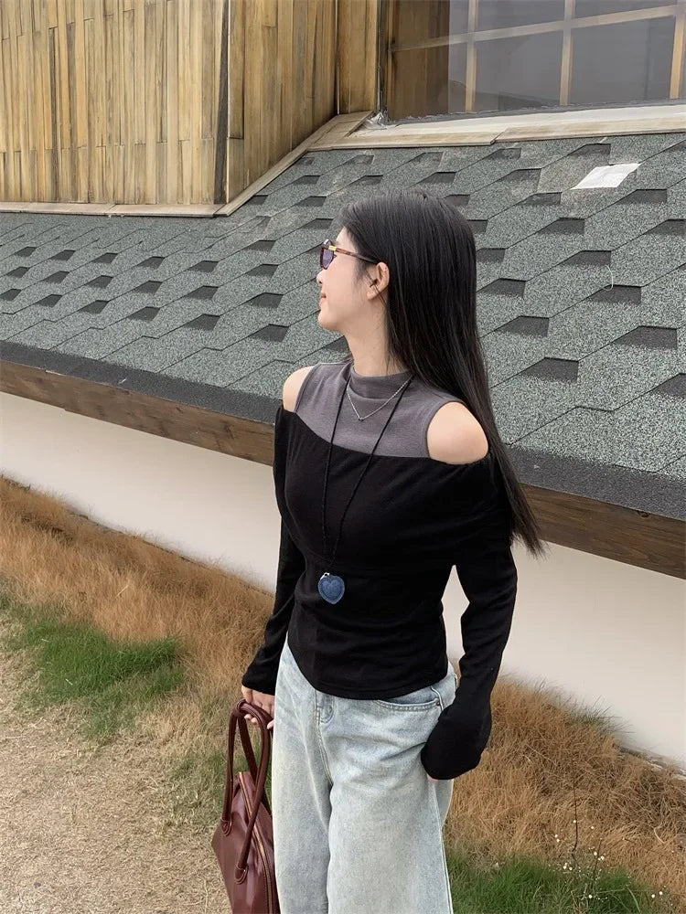 Retro American Shoulder Bared Long Sleeve T Shirt Women Spring Autumn Spicy Girl Fake Two Piece Base Shirt High Collar Polyester.