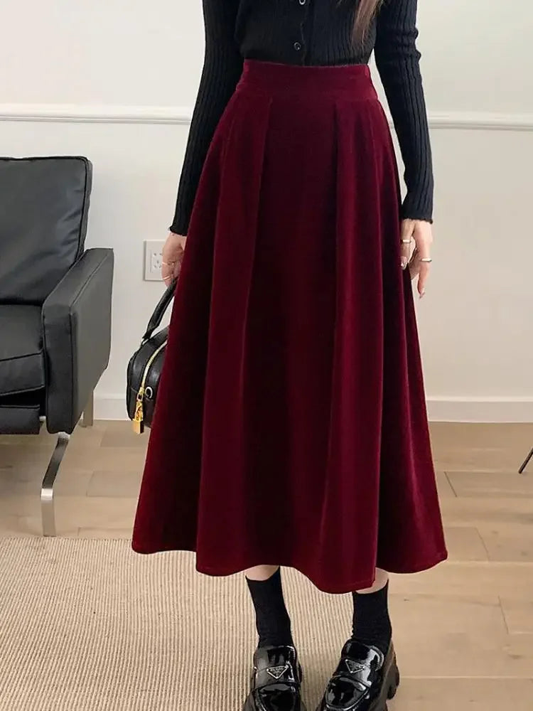 Autumn Winter Warm Vintage Red Elegant Velvet A-line Skirt For Women 2024 High Waist Casual Black Party Pleated Big Swing Skirts.