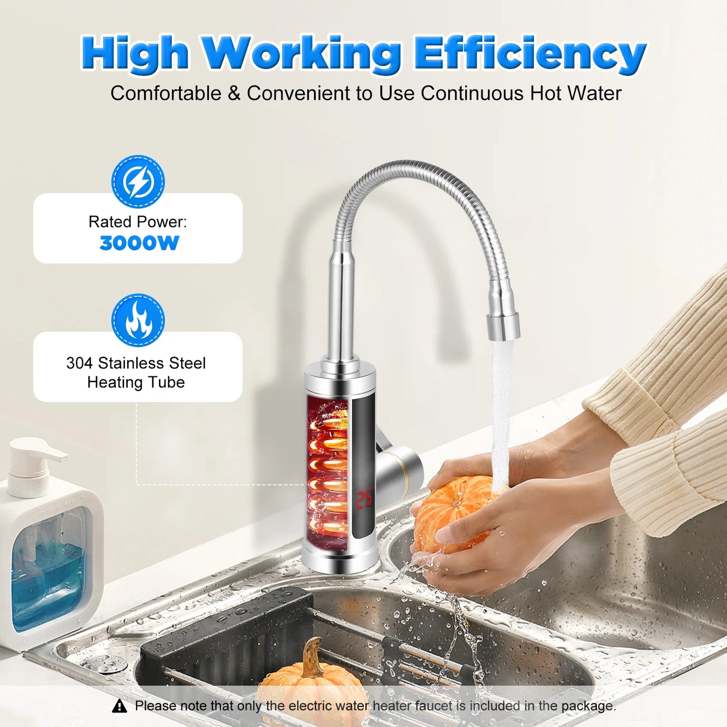 3000W Electric Hot Water Faucet 360° Rotating Stainless Steel Kitchen Faucet Instant Heating Led Digital Display