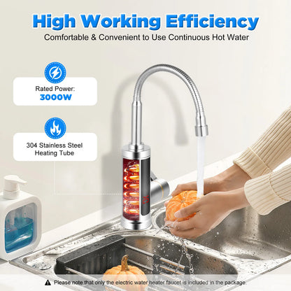 3000W Electric Hot Water Faucet 360° Rotating Stainless Steel Kitchen Faucet Instant Heating Led Digital Display
