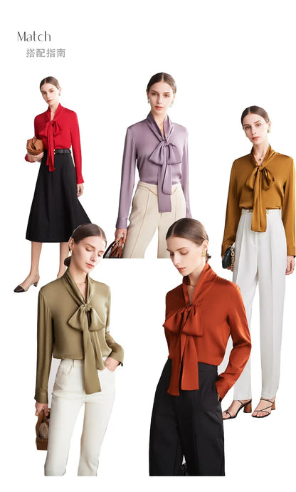 Silk Shirt Women's Thick Temperament Streamer 2025 Spring and Summer New Mulberry Silk Lace-up Design Shirt Long-sleeved Top.