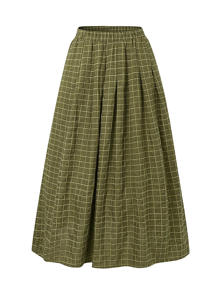ZANZEA Women's Vintage Gingham Midi Skirts Casual Elastic Waist Gathered A-Line Skirt 2025 Autumn Woman Clothing Bottoms S-3XL.