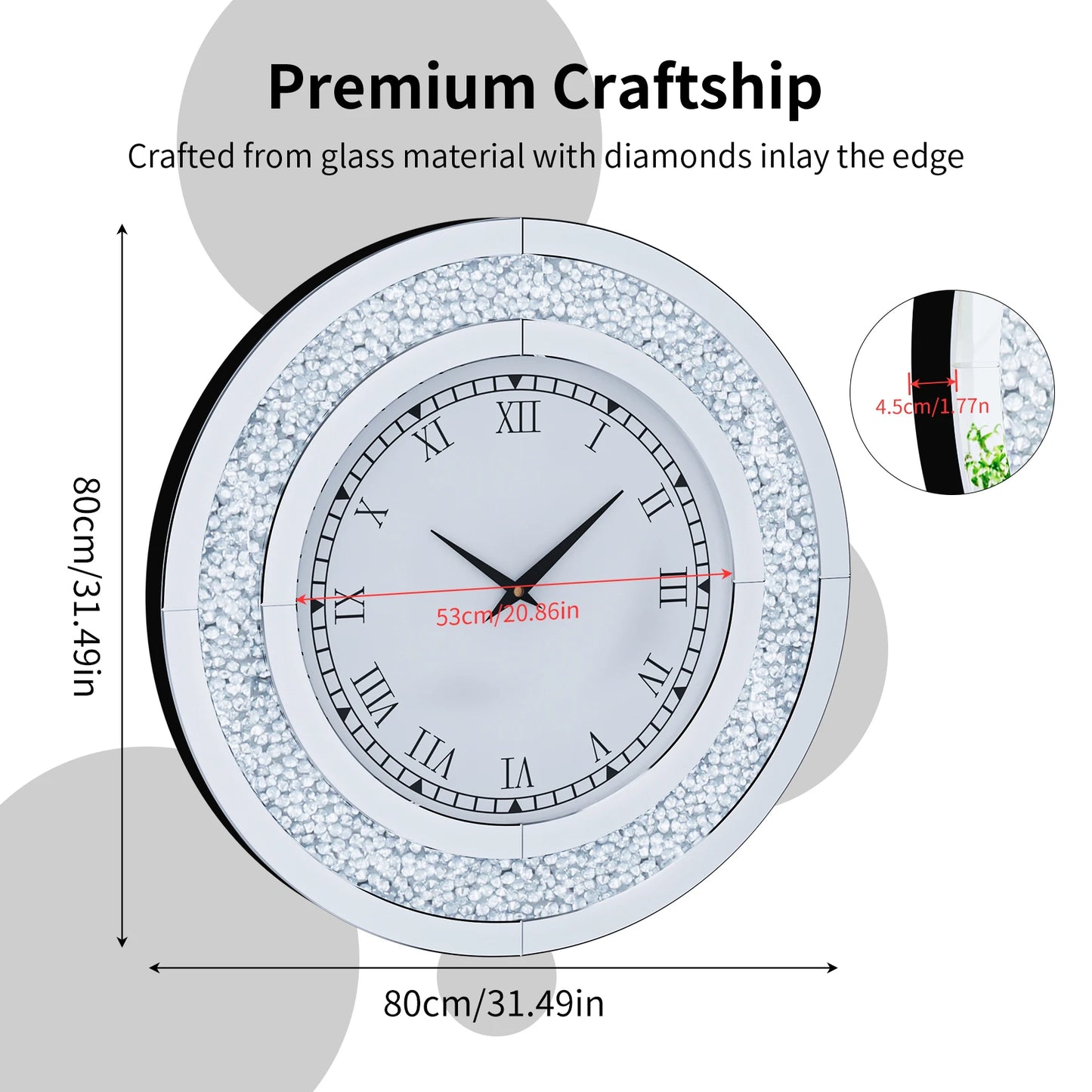 60/80CM Bling Silber Runde Spiegeluhr Glam Sparkle Twinkle Shining verspiegelte Wanduhr für Heimdekoration