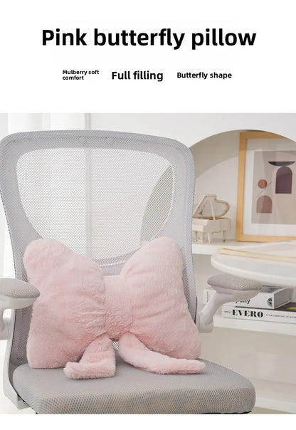 Pink bow ribbon couch pillow imitation rabbit fur comfortable car seat cushion ins style simple all-match back cushion.