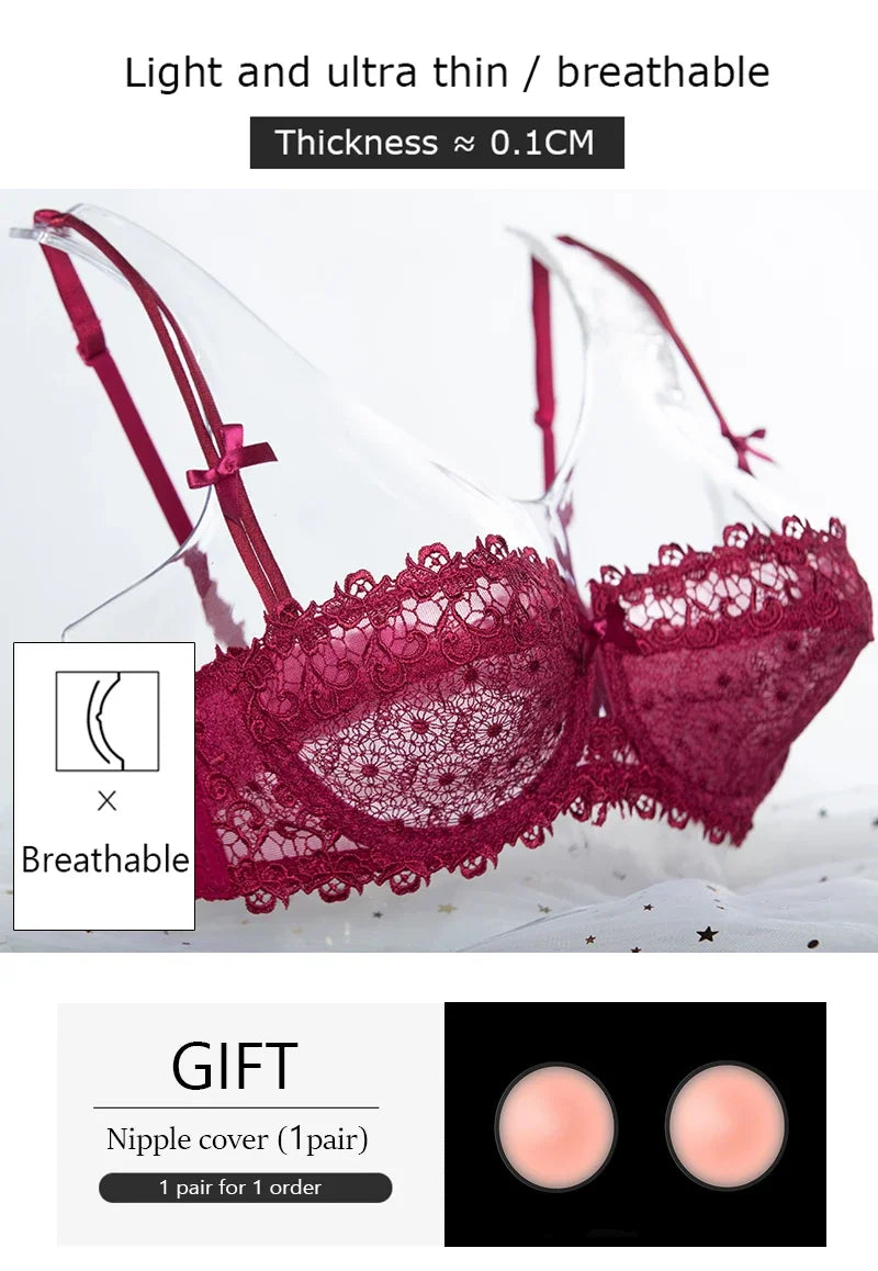 Plus Size Sexy Half Cup Lace Bra Sheer Mesh Unlined Bralette for Women A D Cup, Invisible Push Up Underwire Lingerie Set.