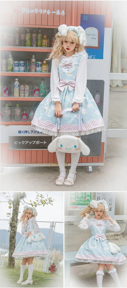 Anime My Melody Lolita Kleid Cinnamoroll Prinzessin Kleid Kuromi Süßer süßer Druck Schleife Spitze Party Trägerkleid Kawaii Academy Kleid.