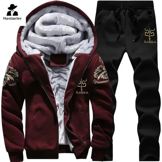 2024 New Winter Thick Men Sports Suit Tracksuit Hooded Sportswear Zipper Cardigan Hooded Woolen Trousers Pants Casual Men Set.