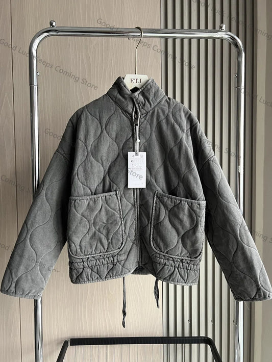 Damen-Baumwolljacke, 2026, Neuankömmling, Vintage-Lenzing-Rayon, hoher Kragen, große Tasche, dekorativer Steppmantel für Damen