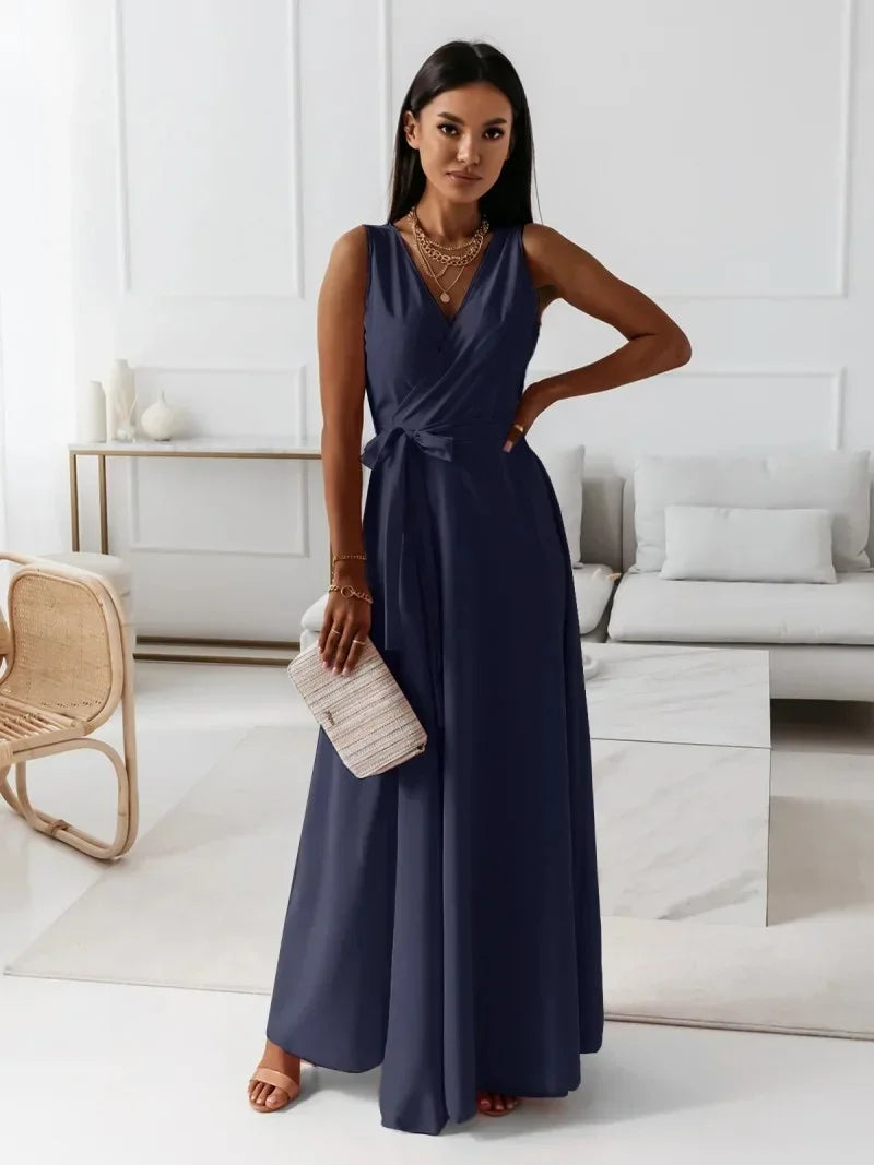 Frühling Sommer Neue Stil frauen Lange V-ausschnitt Kleid Reine Farbe Maxi Kleid Ärmelloses Empire-Taille Kleid für Damen Modische
